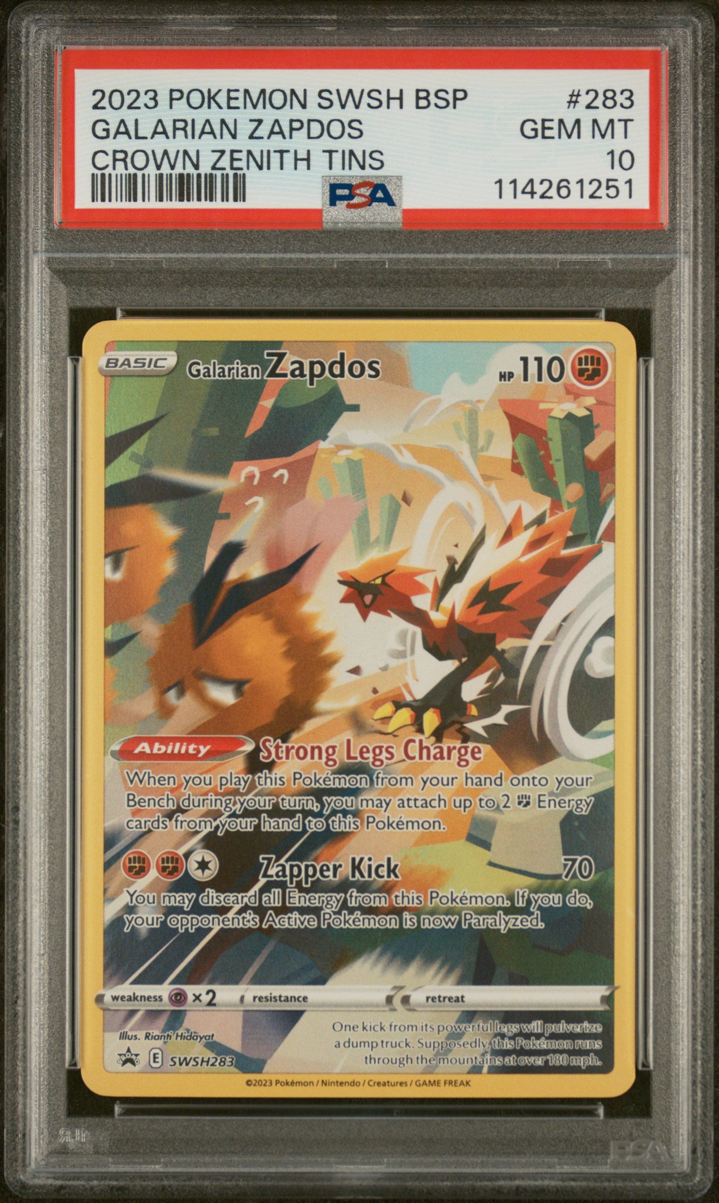 2023 POKEMON SWSH BLACK STAR PROMO #283 GALARIAN ZAPDOS CROWN ZENITH TIN PSA 10