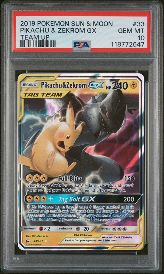 PSA 10 2019 POKEMON SUN & MOON TEAM UP #33 PIKACHU & ZEKROM GX TEAM UP